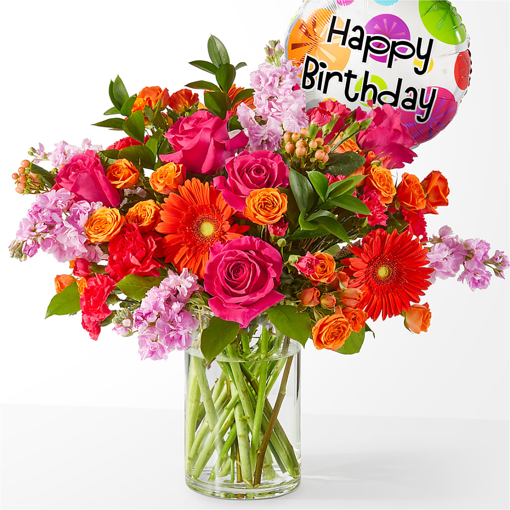 Fiesta Bouquet with Birthday Balloon – AIMEE'S FLOWERS, San Diego CA