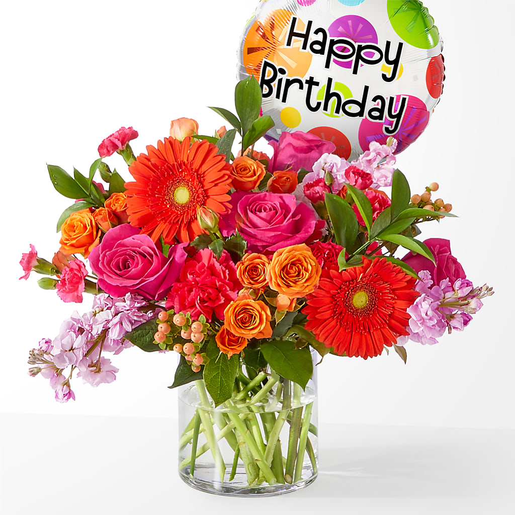 Fiesta Bouquet with Birthday Balloon – AIMEE'S FLOWERS, San Diego CA