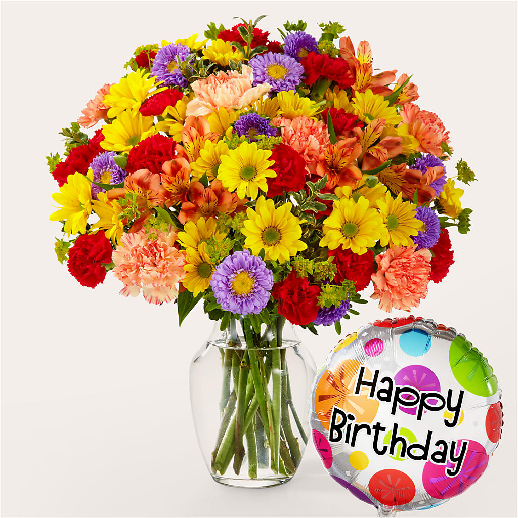 Kaleidoscope Bouquet with Birthday Balloon – AIMEE'S FLOWERS, San Diego CA
