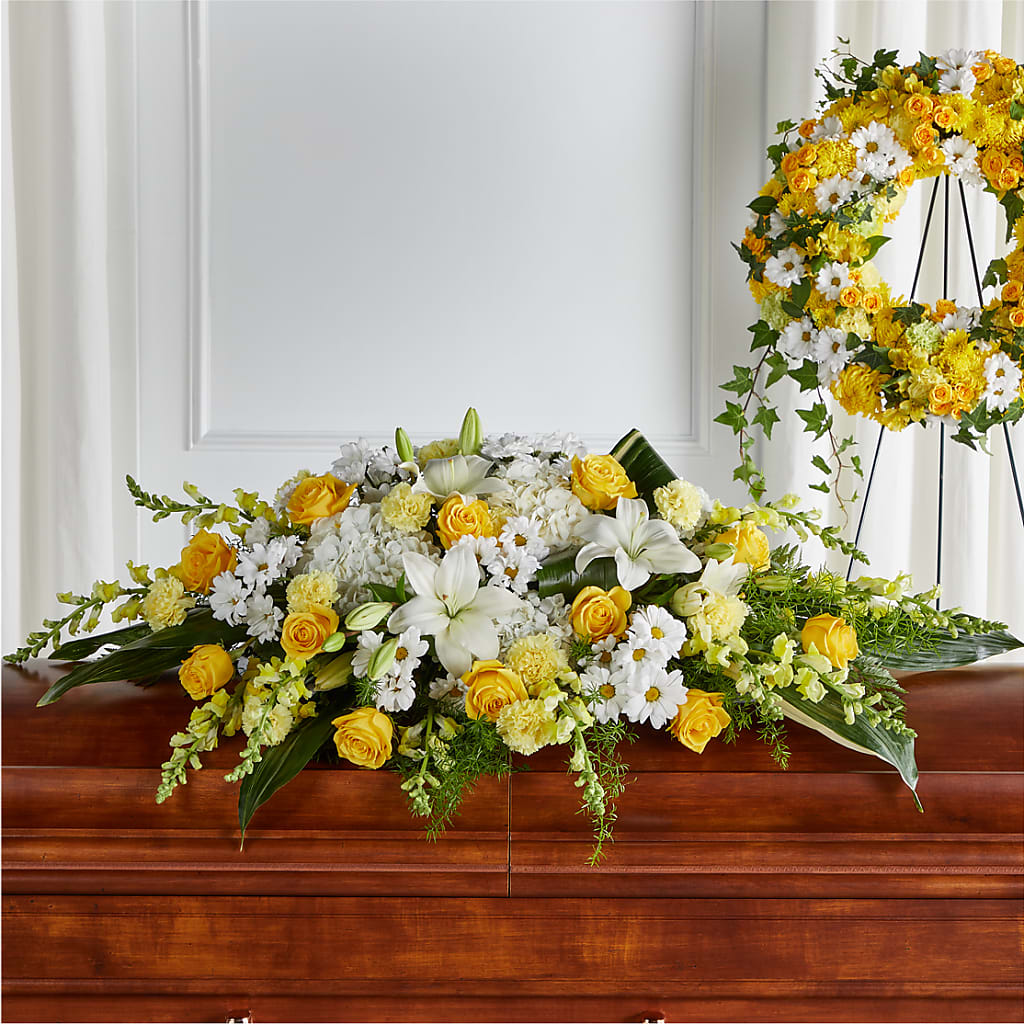 Golden Harmony Casket Spray – AIMEE'S FLOWERS, San Diego CA