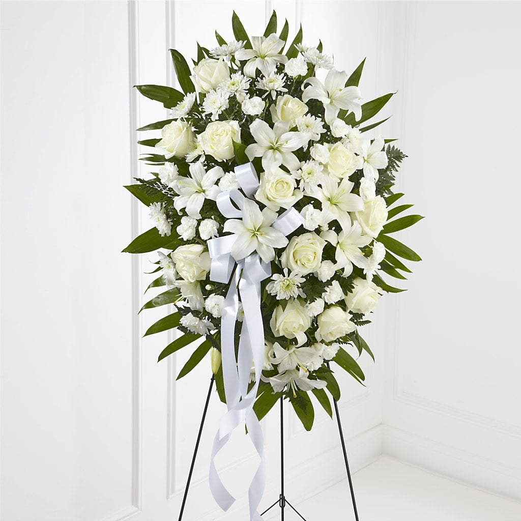 Exquisite Tribute Standing Spray-White Ribbon – AIMEE'S FLOWERS, San Diego CA