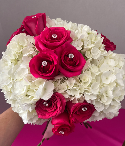 12 Rose Bouquet with Pink Satin Ribbon Bow- Bling for the Queen Collection