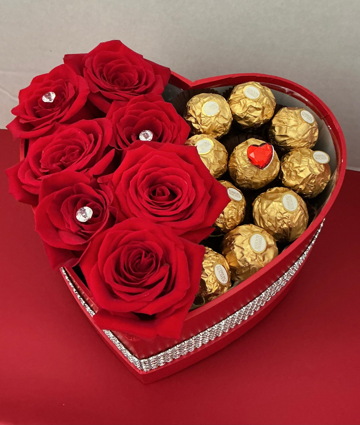 Luxury Heart Shaped Box with Red Roses and Chocolates with Added Bling!